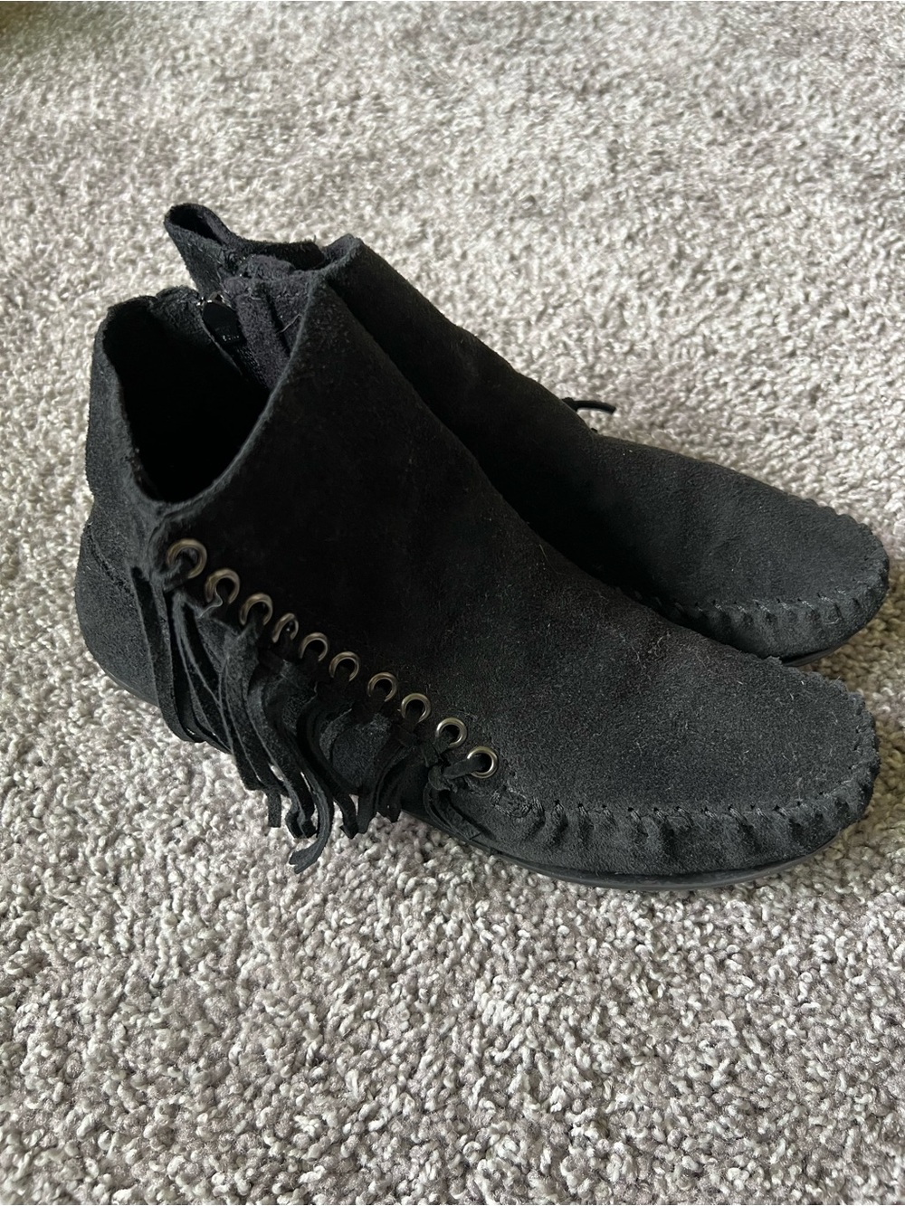 Minnetonka Black Suede Fringe Ankle Booties